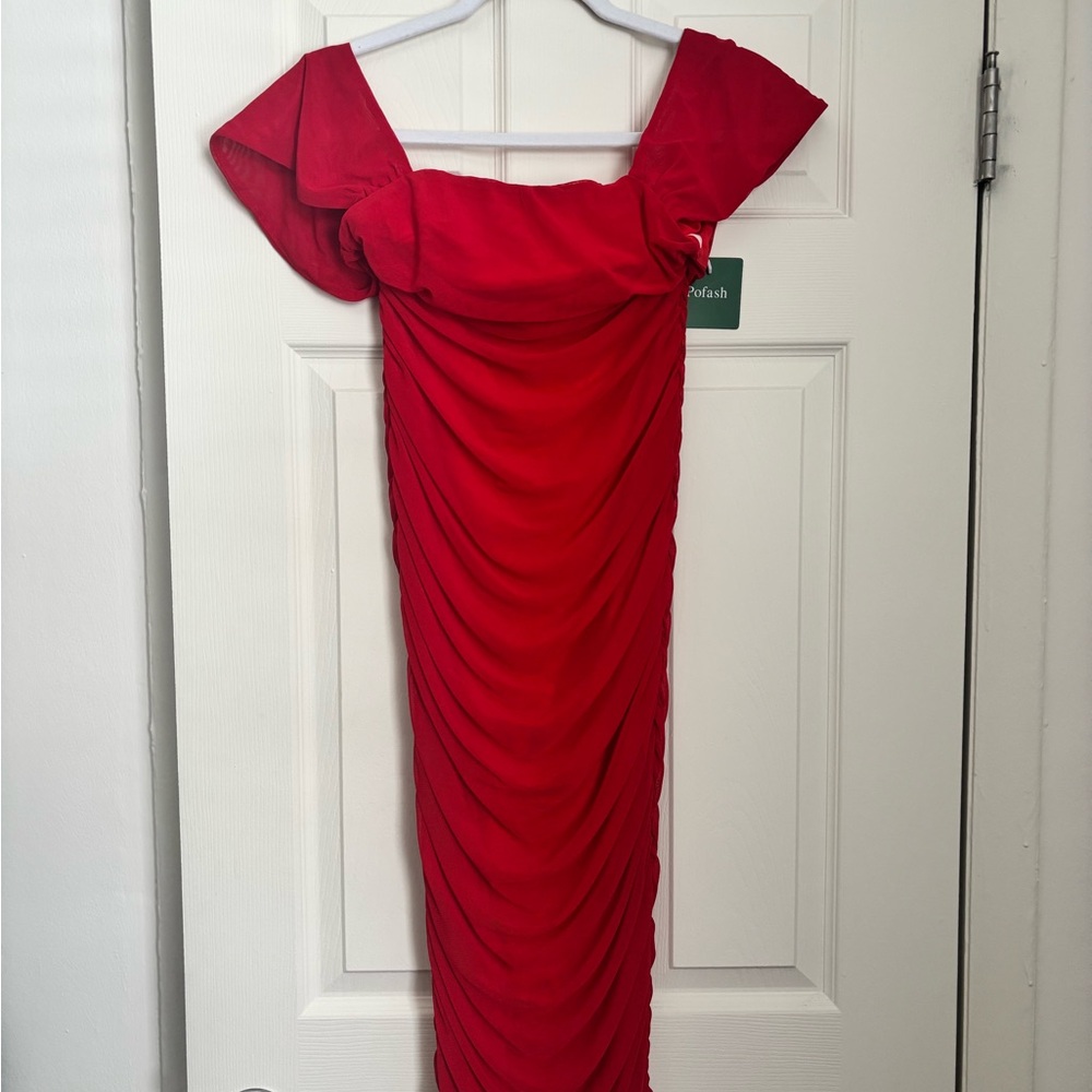 Off The Shoulder Red Draped Midi Dress